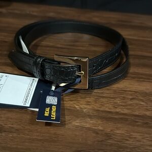 Piombo, Women’s Black Leather Embossed‎ Belt, size medium, size 33, 41”